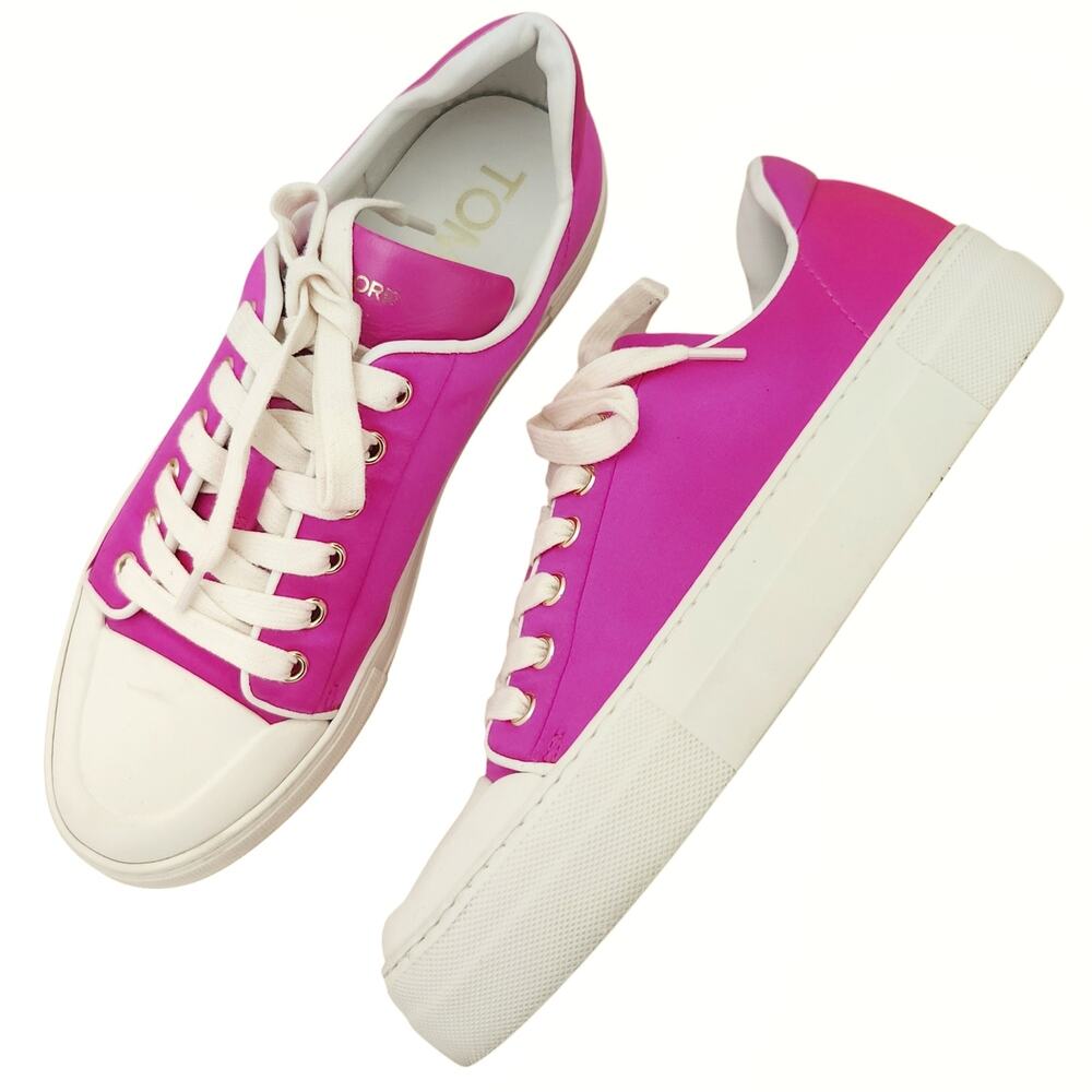 TOM FORD City satin cap toe metallic low top lace up hot pink sneakers Size 38 8
